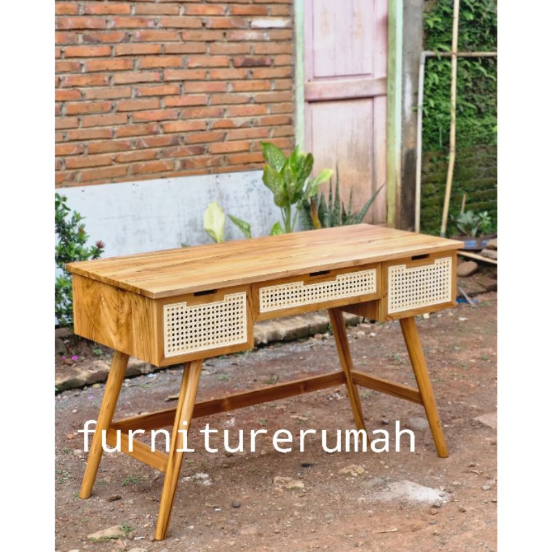 meja belajar meja kerja kayu jati minimalis, meja kerja meja belajar minimalis jati kombinasi rotan