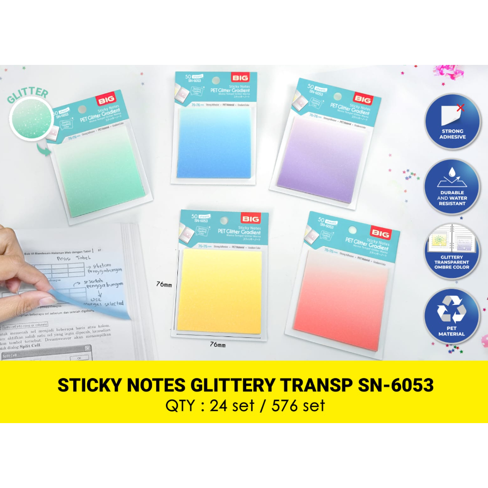 

BIG - Sticky Notes Warna Glitter Transparan / Note Kertas 76 x 76 SN-6053