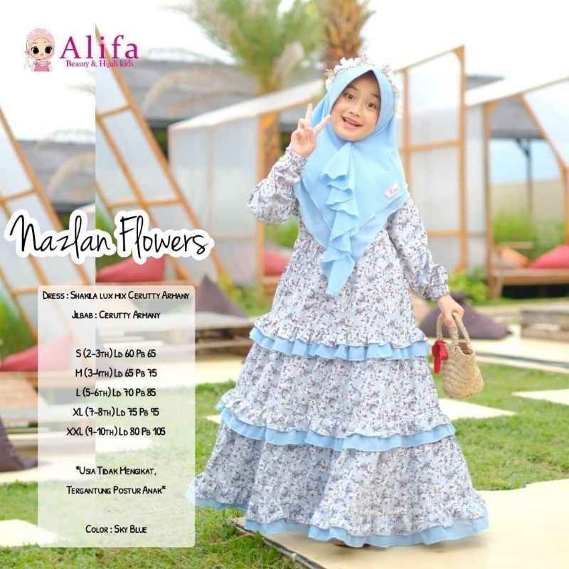 (FREE JILBAB) NAZLAN KIDS BY ALIFA LEBARAN 2025 BAJU MUSLIM ANAK PEREMPUAN REMPEL MOTIF BUNGA BAHAN 