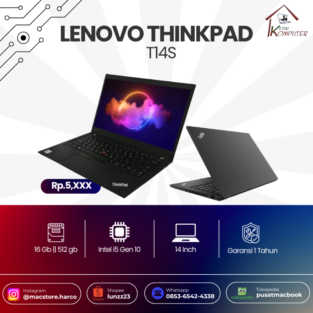 Laptop LENOVO Thinkpad T14S / Ram 16gb SSD 512GB / Intel i5 Gen 10 / Laptop Second Bergaransi