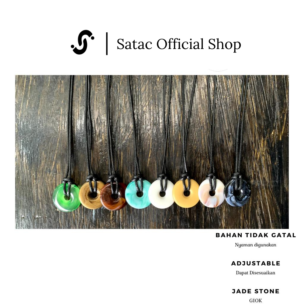 Satac.co Kalung Liontin Jade Stone Giok Etnik Emas Toska Hijau Cokelat Latte Putih Hitam Tali Hitam 