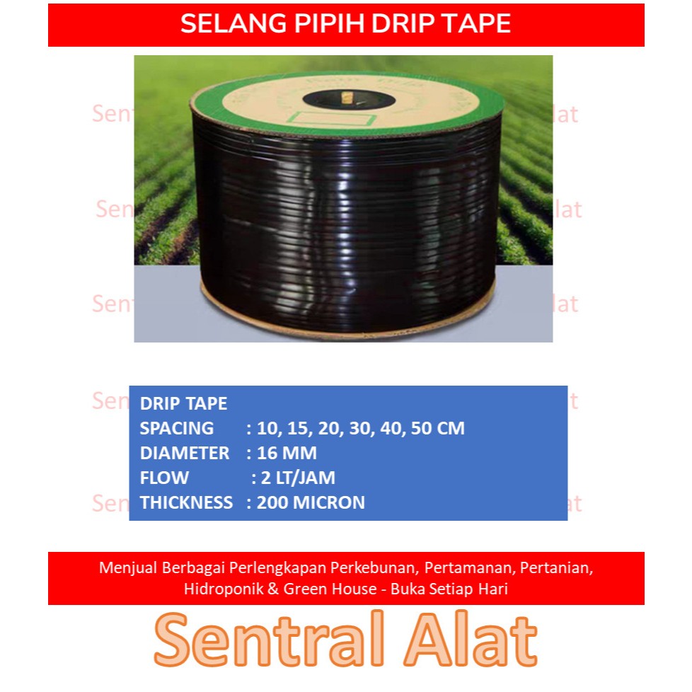 Selang Drip Tape Tetes 16 mm, Emitter Jarak spacing 10 15 20 25 30 40 50 60 cm dan Polos