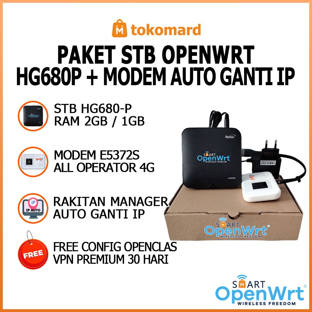 Paket STB Openwrt HG680P RAM 2GB / 1GB dan Modem Auto Ganti IP Free VPN Premium 30 Hari Free Konsul