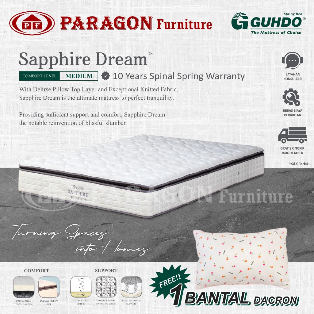 Guhdo Spring bed Kasur Sapphire Pillow Top 090 100 120 140 160 180 200x200 cm