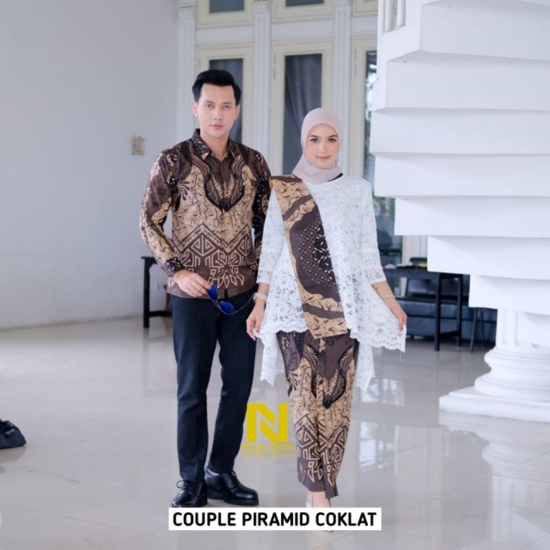 SET COUPLE Kemeja Batik Pria dan Rok Wiru Wanita Modern Motif PIRAMID COKLAT kemeja batik pria rok w