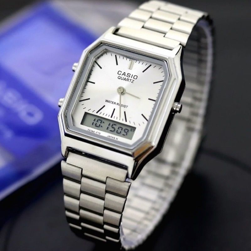 PROMO Jam Tangan Pria  Casio Rantai Silver / Jam Tangan Dauble Time