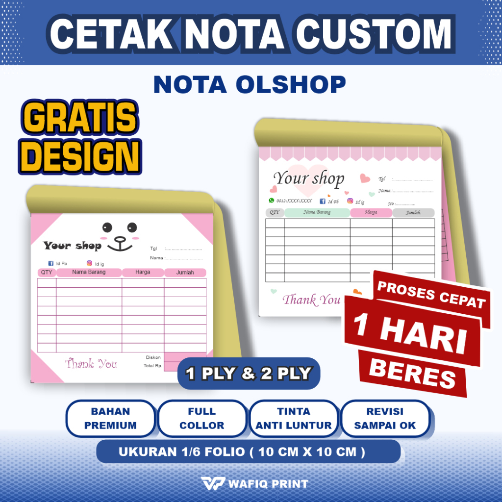 

Nota toko custom olshop full color ukuran 1/6 folio gratis design 1ply/2py buku kwitansi premium