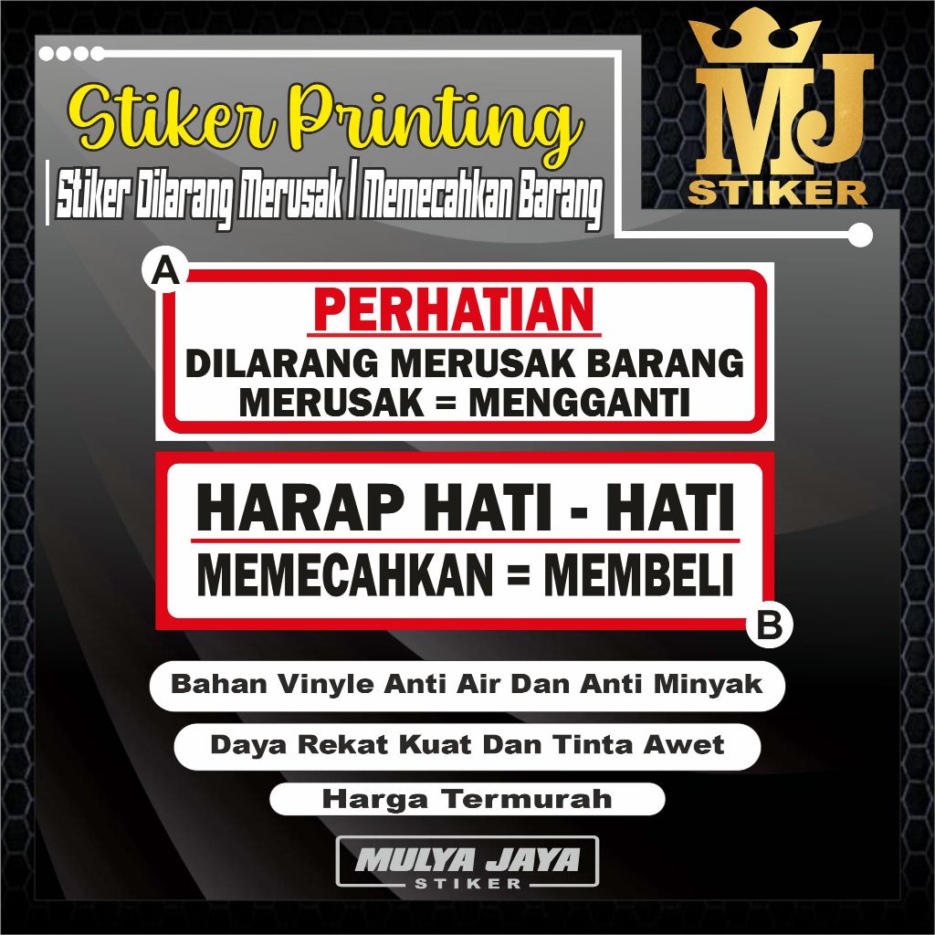 

PROMO Mulya Jaya Stiker Dilarang Merusak Barang / Stiker Hati Hati Awas Pecah / Stiker Merusak Mengganti / Stiker Dilarang Membuka Segel Kemasan