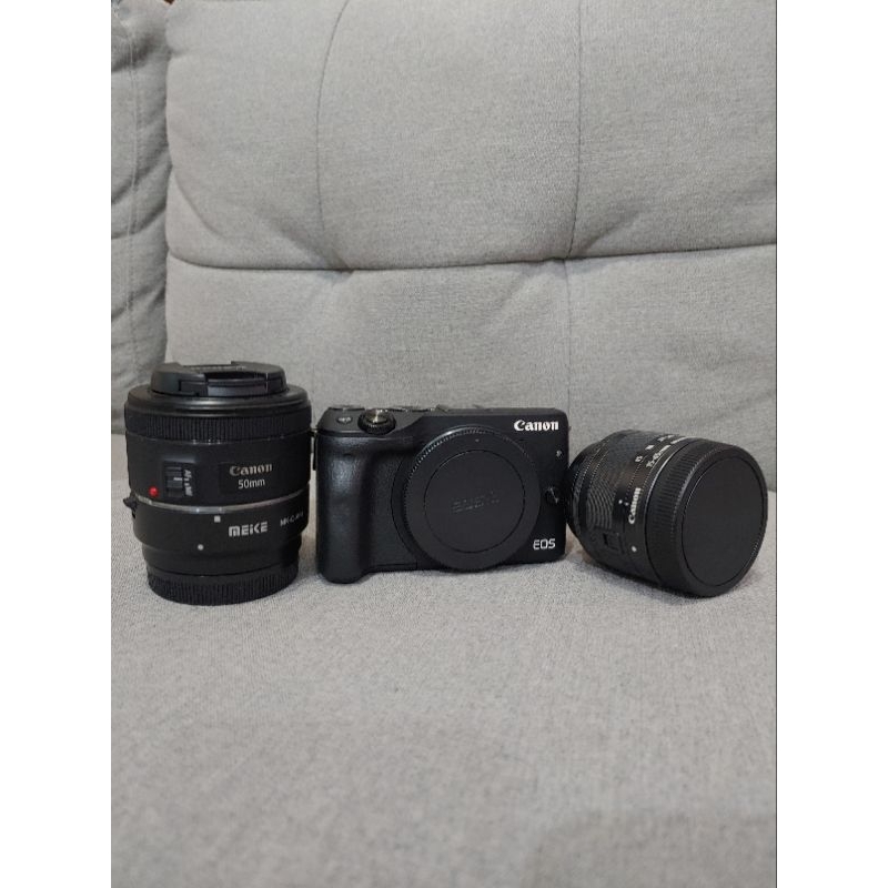 Kamera Mirrorless Canon Eos M3 + Lensa kits + Lensa Fix Canon 50mm f1.8 stm dan adapter + Flash  God