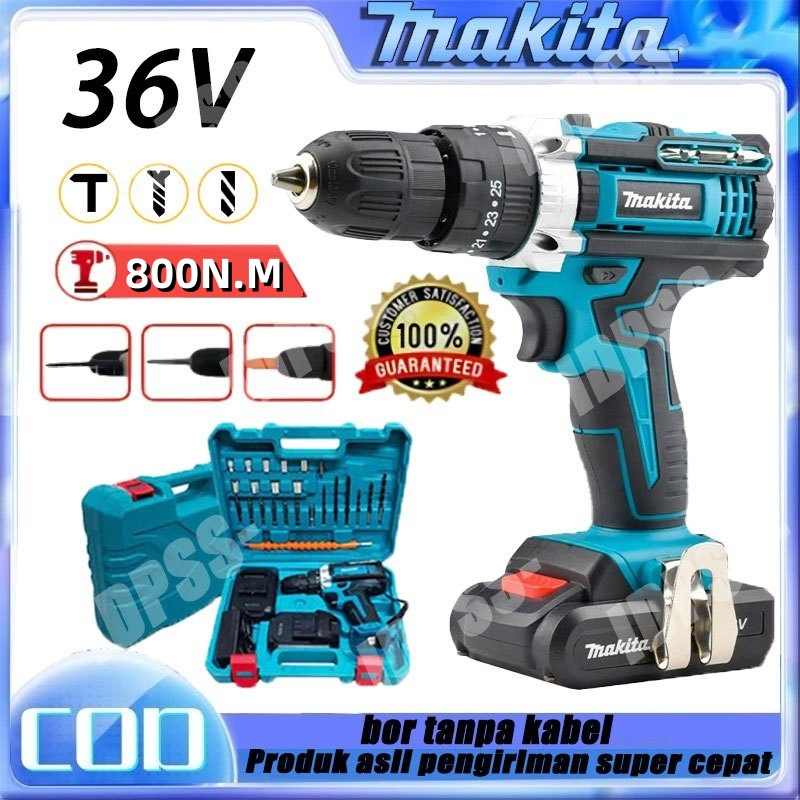 Bor Impact Elektrik Makita 36V Tanpa Kabel dengan Mata Bor dan 2 Baterai Alat Obeng Bor Tangan