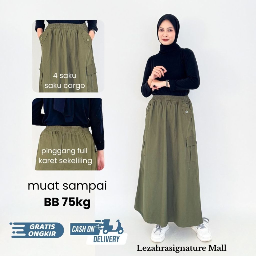 Rok Cargo Wanita Panjang Korea Skirt Pinggang Karet Elastis Lezahrasignature Longskirt Jumbo Twill