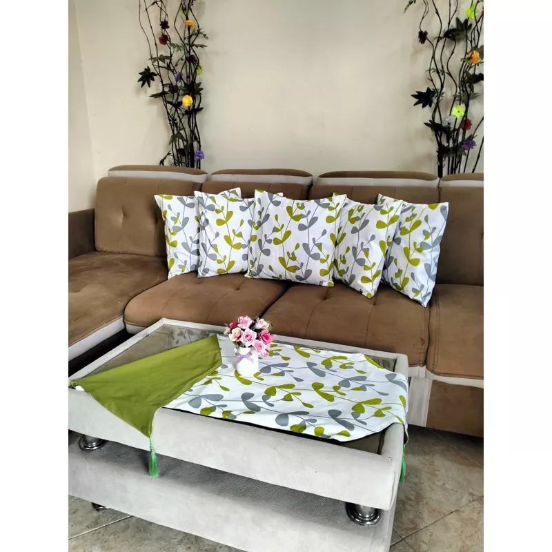SATU SET 5 SARUNG BANTAL SOFA +1 TAPLAK MEJA UNTUK SOFA RUANG TAMU