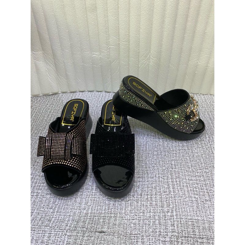 sendal wedges sofiya bling2 tebal 6 cm pita kekinian