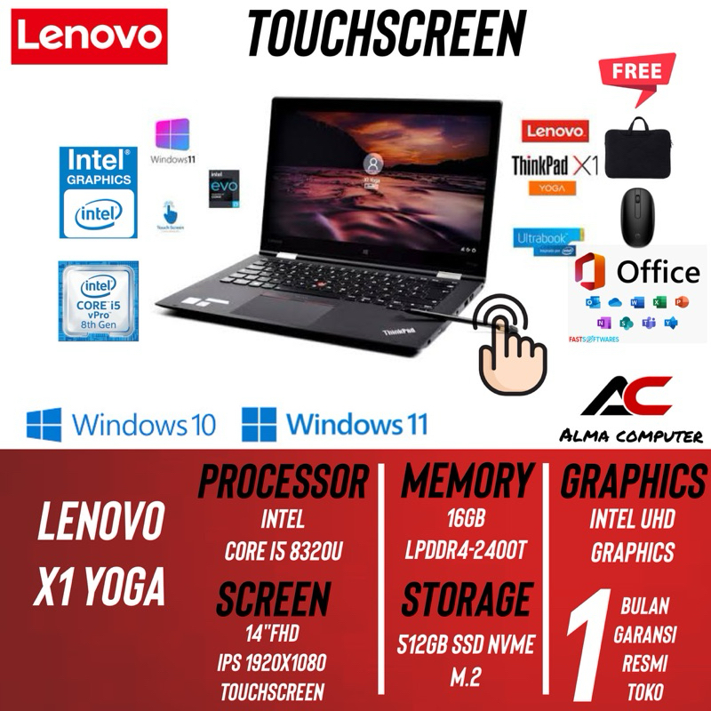 Laptop lenovo X1 Yoga 2nd Ram 16GB Ssd 512GB Layar 14 inch Touchscreen Flip 360