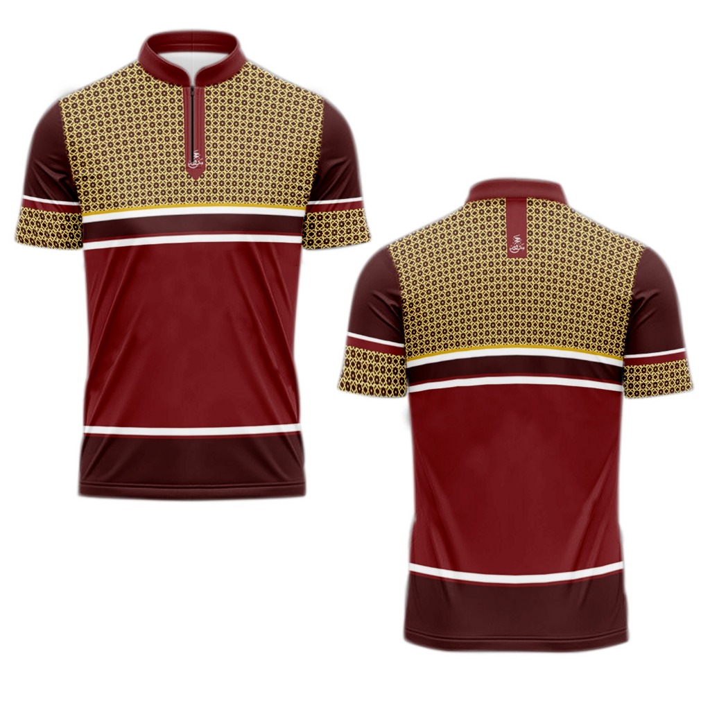 Baju Muslim Pria /merah marun dengan emas   //Jersey Koko Fullprinting Premium Ramadhan 2025/ Atasan