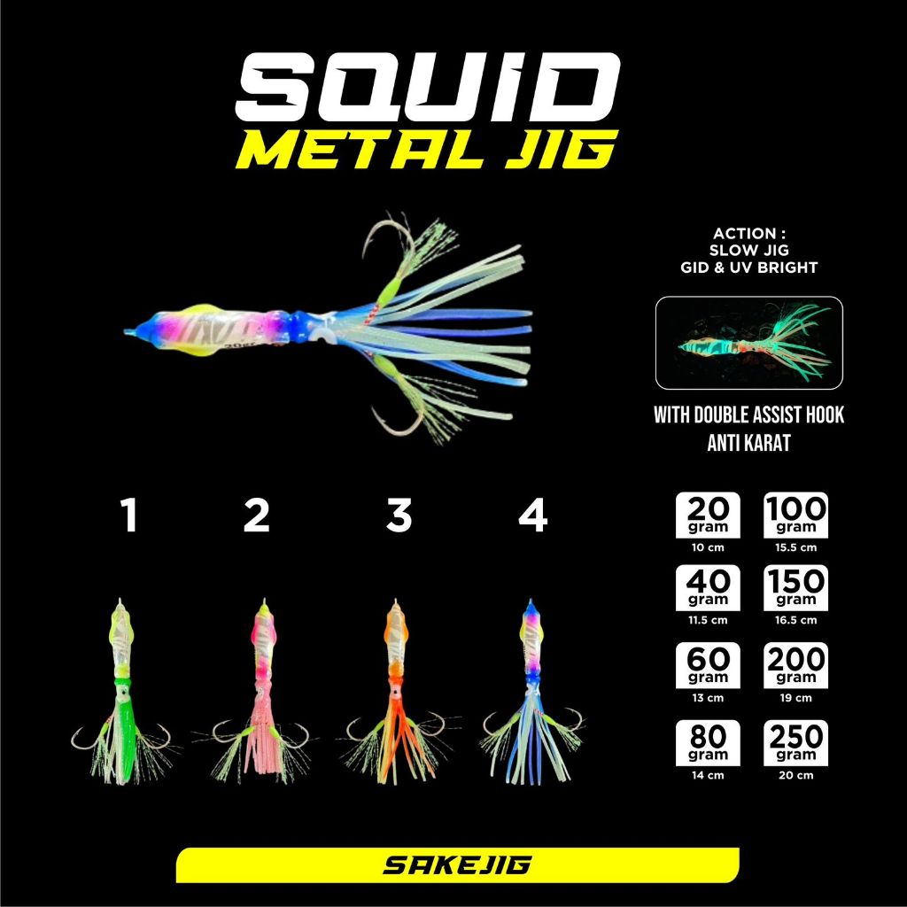 Metal Jig SAKEJIG SQUID 20gr - 250gr Full GID + Double Assist Hook Anti Karat – Umpan Pancing Laut