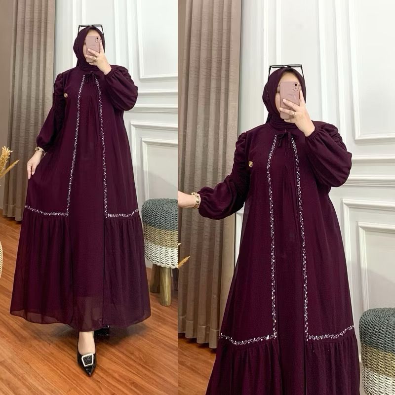 Reyna Set Gamis Mewah HIjab Wanita Jumbo Size M/L L XL XXL Bahan Ceruty Babydoll kombinasi Swaroski 