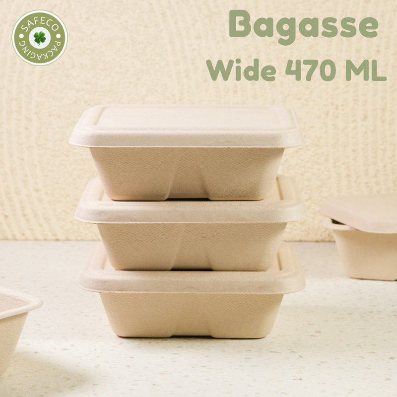 Bagasse Safeco Eco Food Lunch Takeaway Box Wide 470 ML Rectangle Box Kotak Tempat Packaging Makanan 