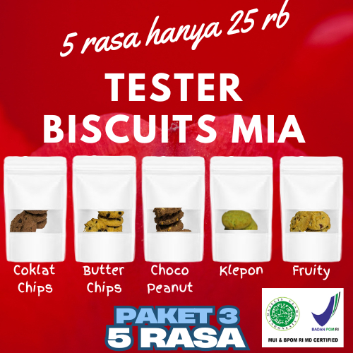 

Tester mia cookies biscuits standing pouch rasa coklat chips, butter chips, choco peanut, klepon dan fruity