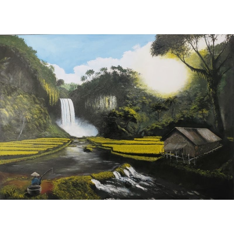 HIASAN DINDING PEMANDANGAN AIR TERJUN / AIR TERJUN / LUKISAN ASLI TANPA BINGKAI 100% BUATAN TANGAN /