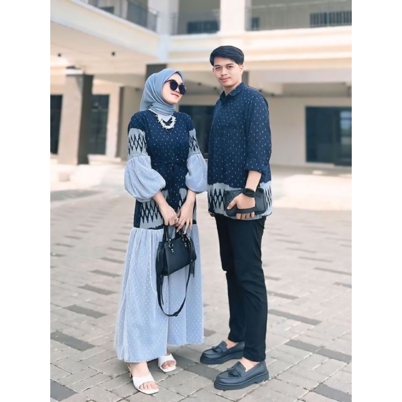 Set Baju Couple Tenun Dress Rayya navy polkadot setelan pasangan wanita terbaru dress & kemeja konda