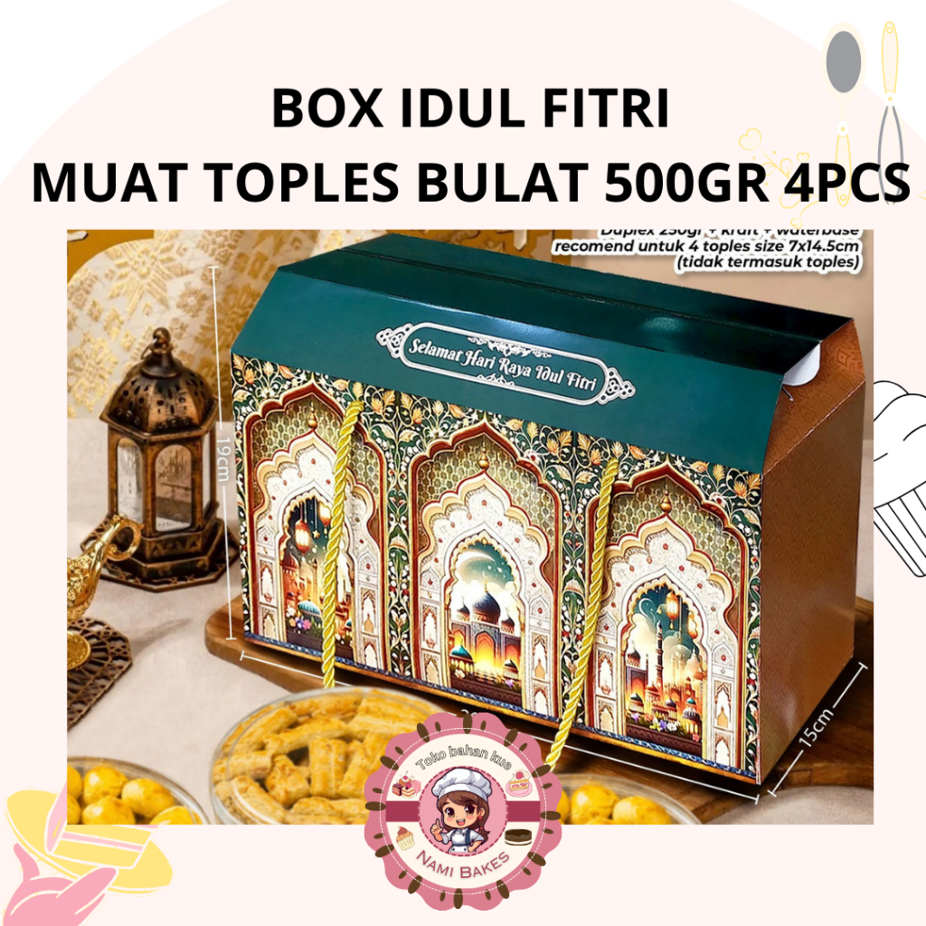 

Kotak Lebaran muat Toples Bulat 500gr 4pcs Box Hampers Idul Fitri Eid Mubarak