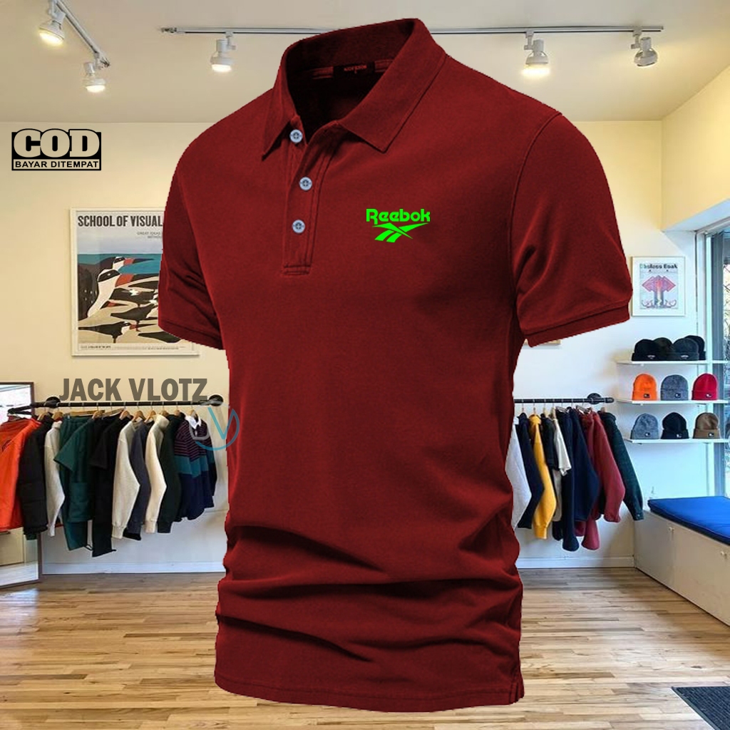 COD T-shrit POLO kerah Reebok Text Neon Kaos Kerah Dewasa Shirt / Kaos Wangki Pria Polo Unisex