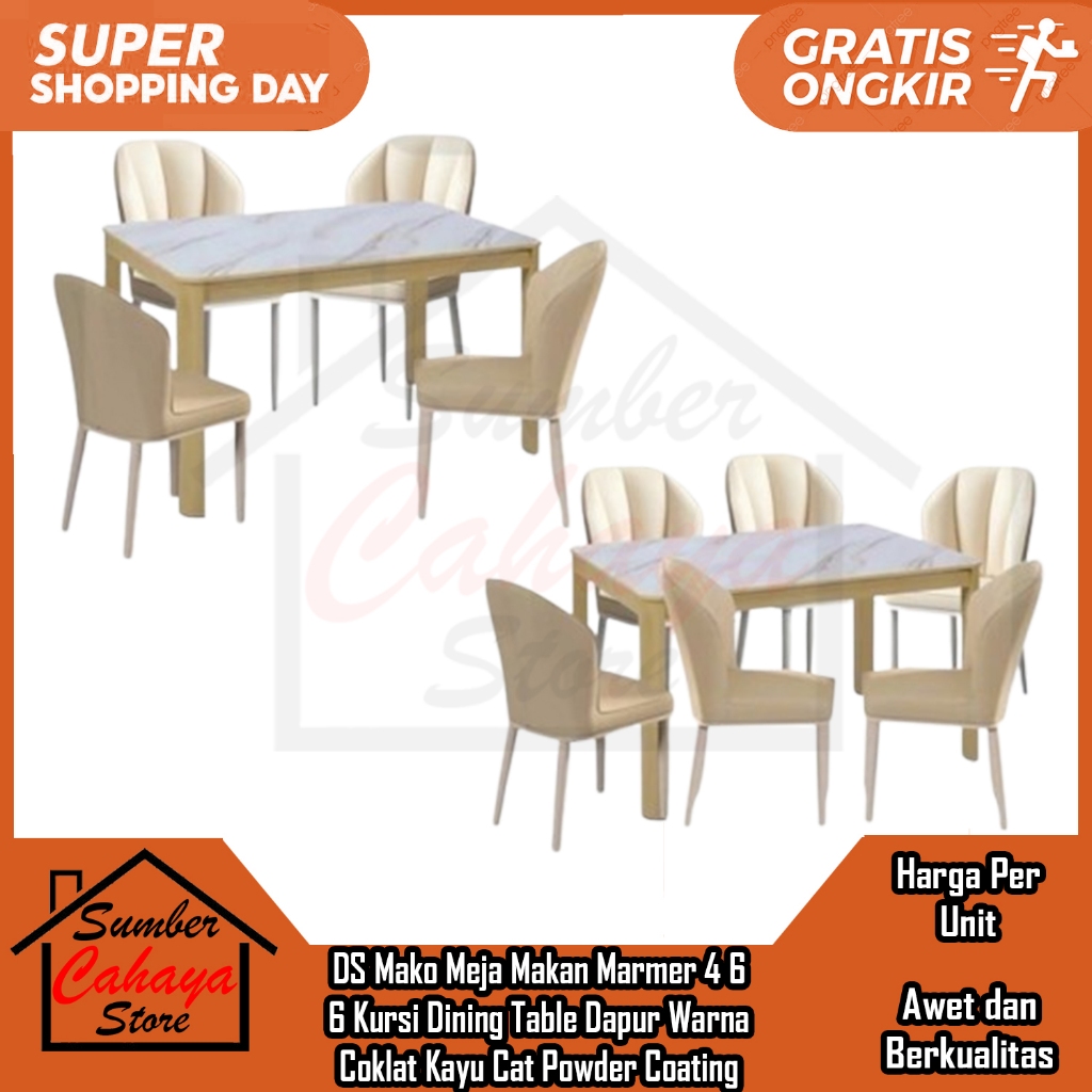 DS Mako Meja Makan Marmer 4 6 Kursi Dining Table Dapur Warna Coklat Kayu Cat Powder Coating Elegan R