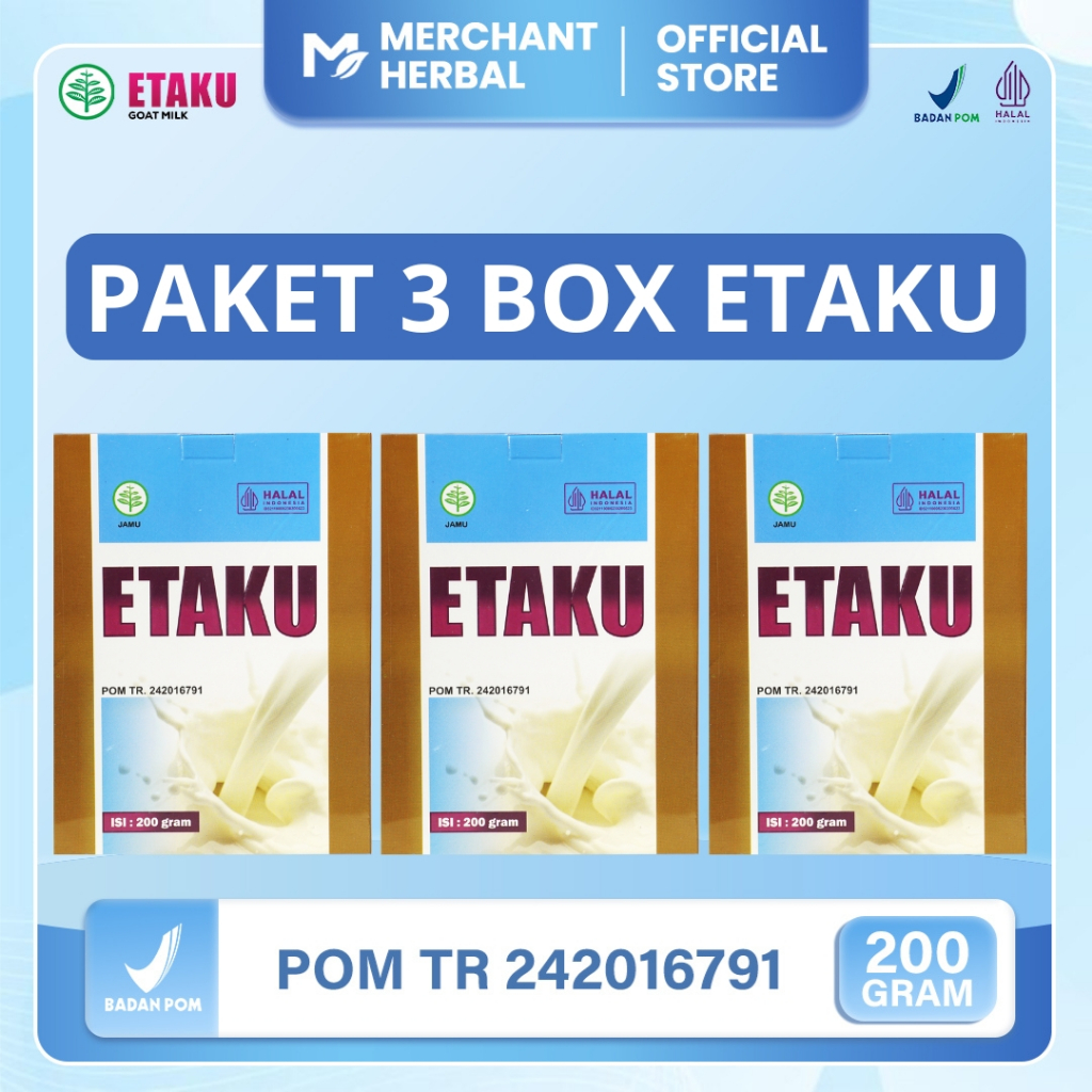 

Merchant Herbal - Paket 3 Box Etaku Goat Milk Susu Bubuk Kambing Etawa Murni Sudah Bpom & Halal Mui - Isi 600 Gram