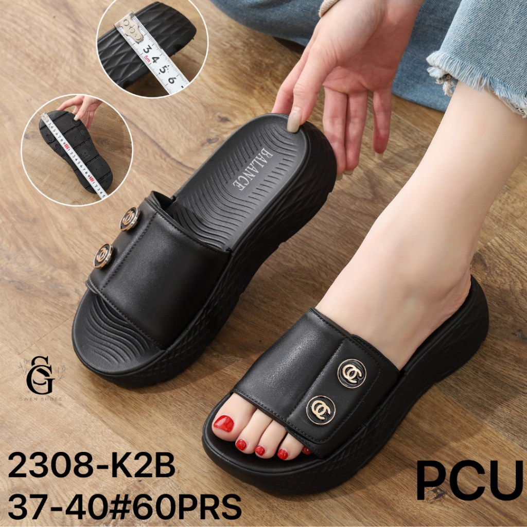 Sandal Selop Wanita Bahan Karet Satu Ban Model Kancing Chanel Elegant Balance/2308-K2B