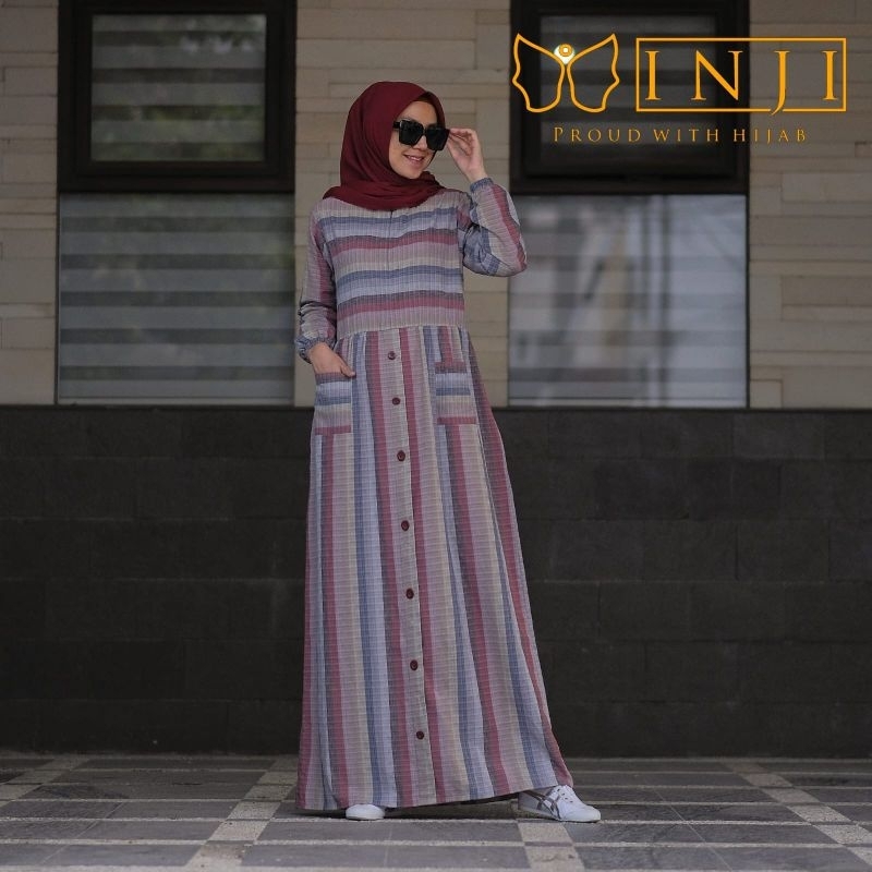 RJ3 INJI LESTY DRESS WHITE-BLUE, MAROON-GREY