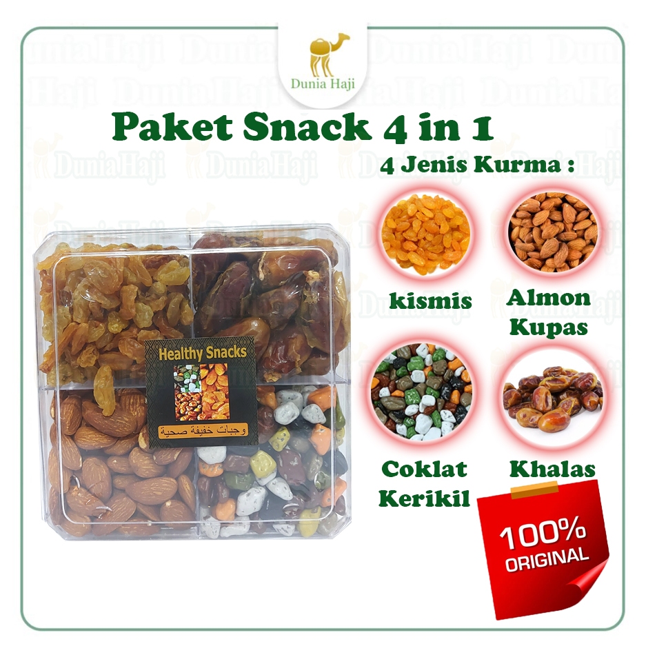 

PAKET OLEH-OLEH UMROH HAJI 4 IN 1 Gift Souvenir Hadiah sekat 4 isi 4 macam sovenir umrah Hajj Kurma Kismis Kacang Almond Kupas Coklat Kerikil