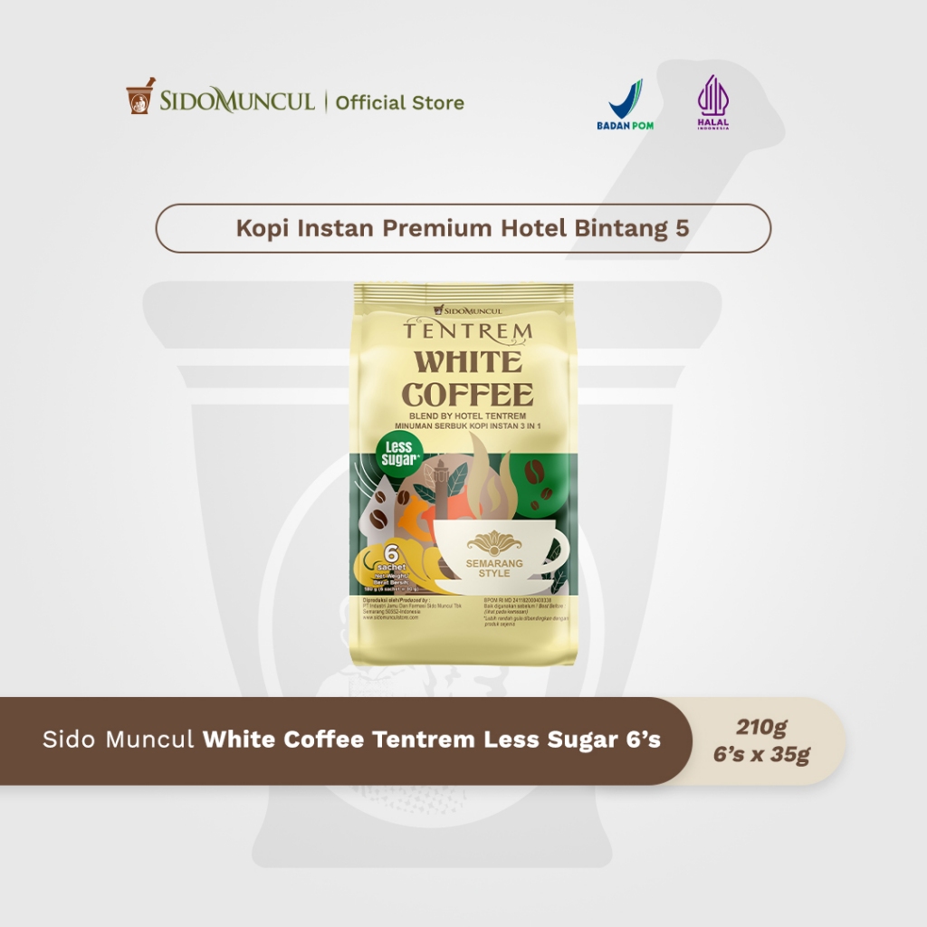 

Sido Muncul White Coffee Tentrem Less Sugar (6 Sachet) Kopi Instan Premium Hotel Bintang 5