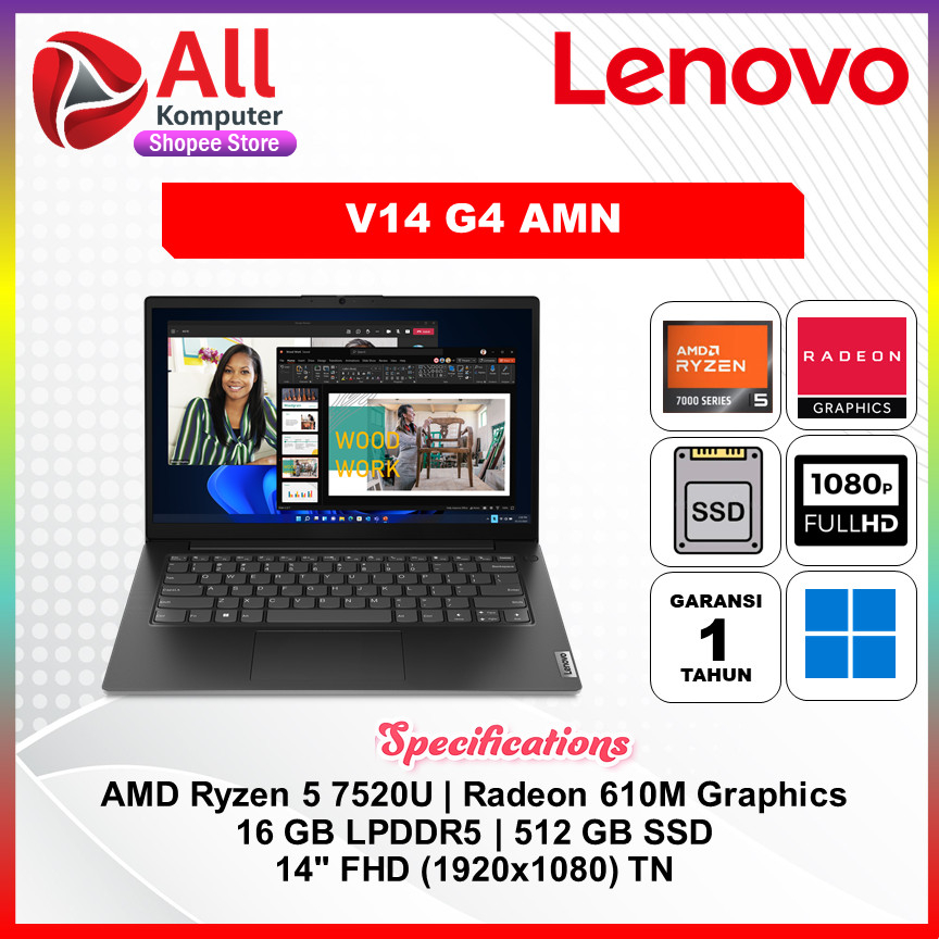 Laptop Lenovo V14 G4 Ryzen 5 7520U | 16Gb 1Tb SSD | 14 inch Fhd Windows11