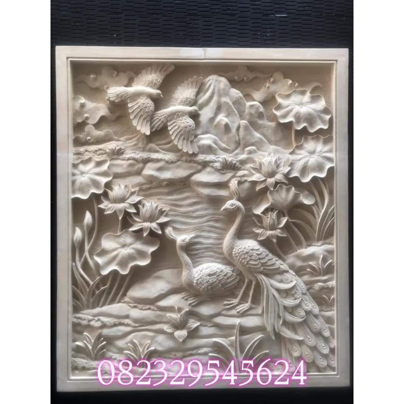 relief Batu alam ukir untuk hiasan dinding minimalis motif pemandangan dan burung merak