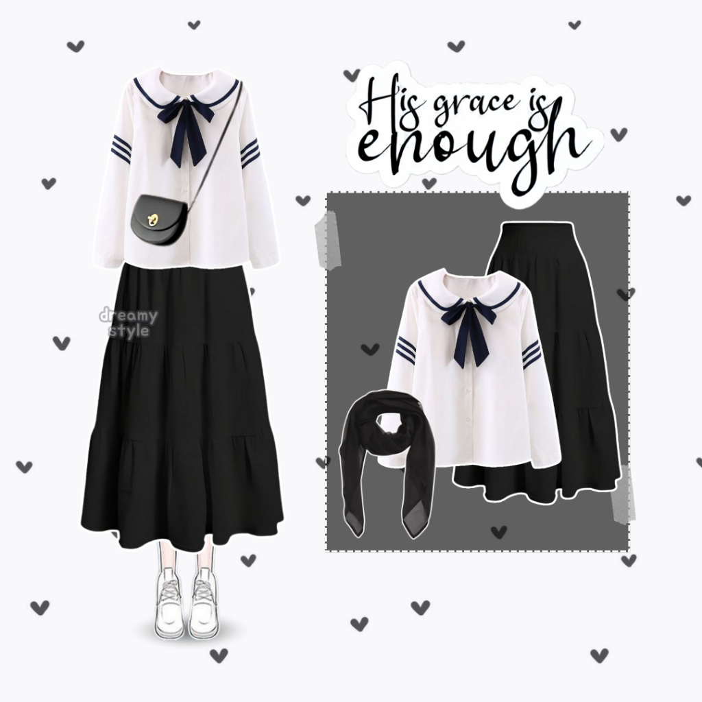 Naila One Set OOTD Hijab Style (Hijab+Blouse+Rok) Outfit Ulzzang OOTD Casual Simple Mamba - DR59