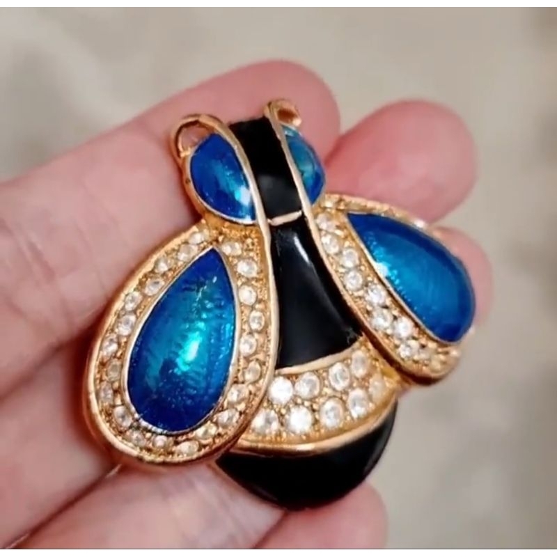 Beautiful Royal Blue Enamel and Rhinestone Bug Beetle Brooch