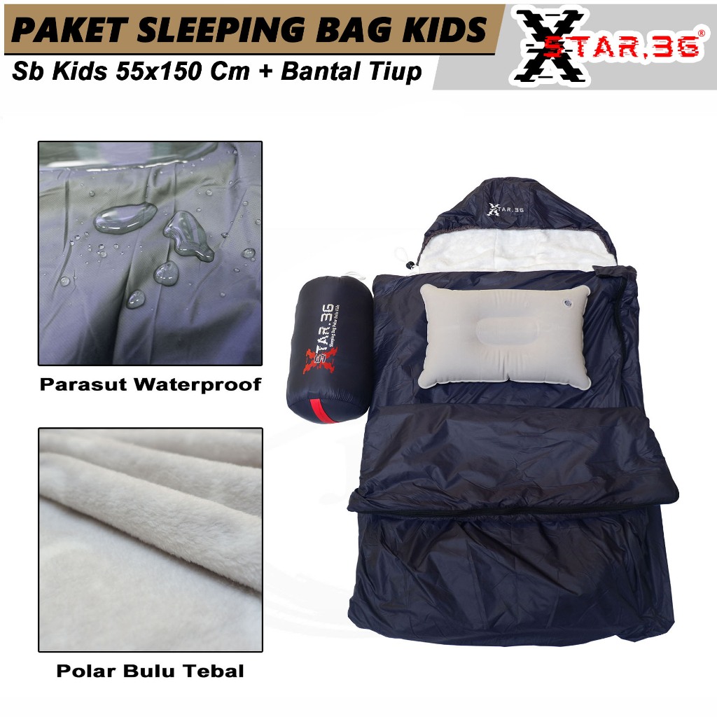 PAKETAN sleeping bag kids xstar 3.g dan bantal tiup paket hemat sb+bantal tiup murah Sb kids waterpr