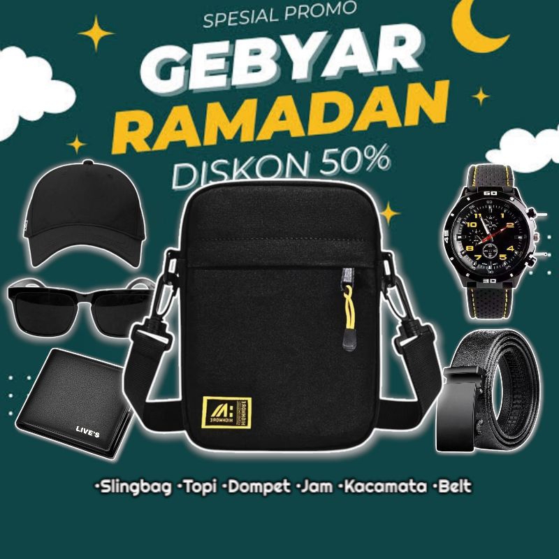 PROMO (ISI 6)TAS SLINGBAG CASUAL SELEMPANG MINI PRIA DOMPET TOPI KACAMATA JAM DAN IKAT PINGGANG