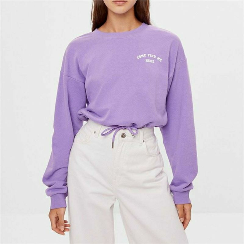 (NEW) BERSHKA CROP SWEATSHIRT DRAWSTRING LILAC TOP SWEATER PUFF SLEEVE KOREA ORIGINAL