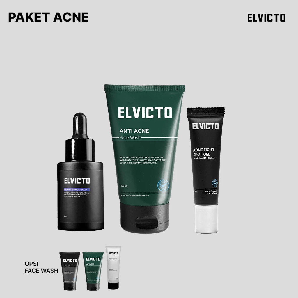 ELVICTO PAKET ACNE Facial Wash Sabun Wajah Pria Acne Spot Gel Serum Menghilangkan Bekas Jerawat