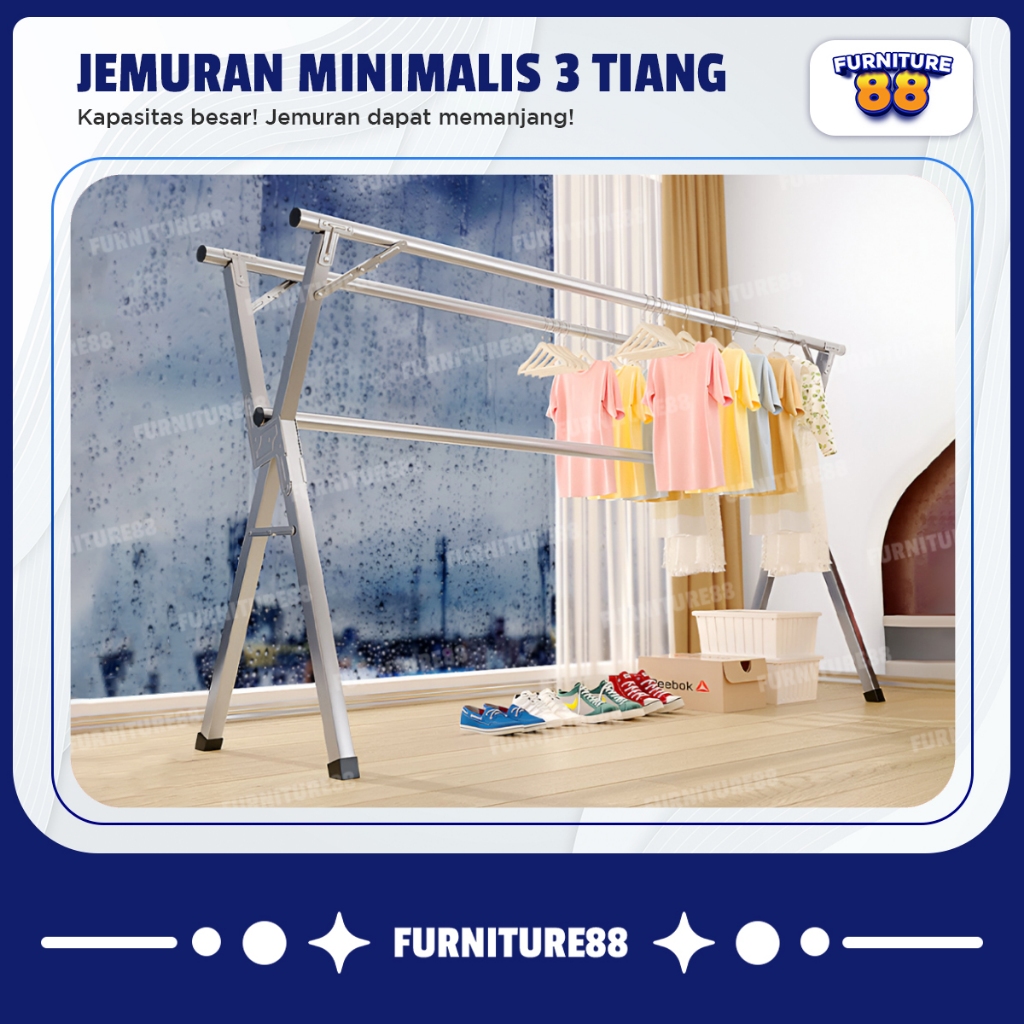 Jemuran Baju Pakaian Lipat Portable Alumunium Tahan Karat Jemuran Jumbo Praktis Panjang Pendek