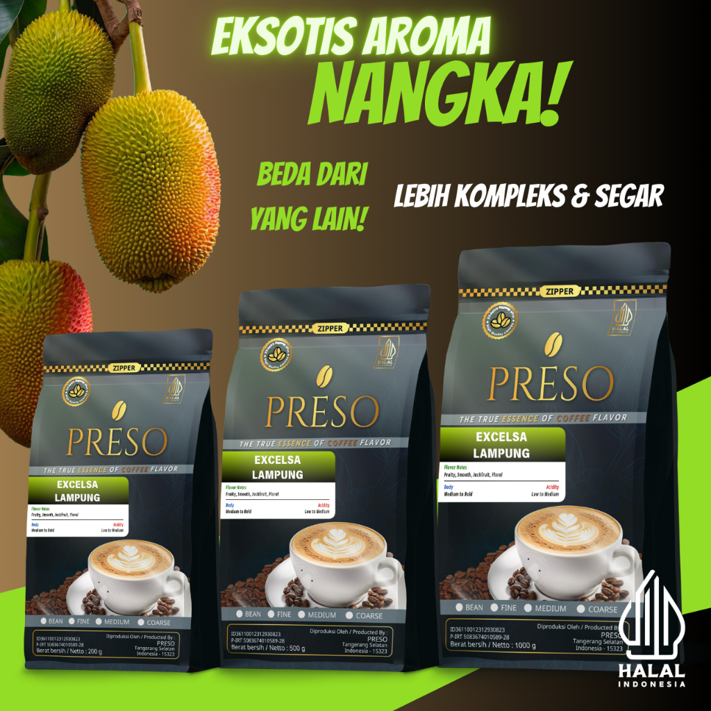 

PRESO Kopi Excelsa Lampung Asli – Biji/Bubuk Rasa Fruity, Nangka Harum Low Acid (200g,500g,1000g)