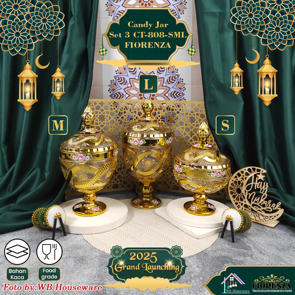FIORENZA toples kaca set 3 tempat permen snack motif golden dragon CHRISTY CT-808 / glass candy food