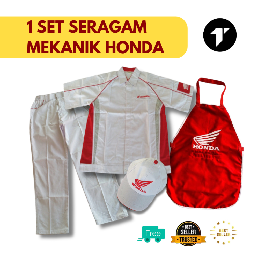 TANAKA SATU SET SERAGAM MEKANIK HONDA LENGKAP - BAJU - CELANA - TOPI - APRON KUALITAS PREMIUM