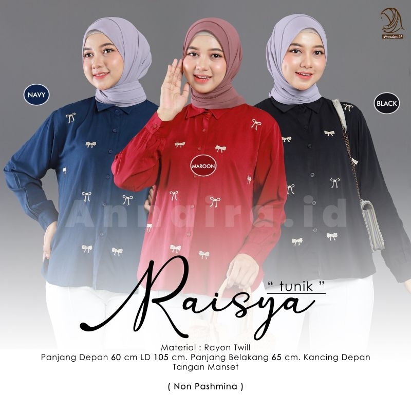 NEW RAISYA TUNIK - TUNIK RAYON TWILL MOTIF DEPAN PITA LENGAN PANJANG BY ANNAIRA.ID  Muslim Cantik At