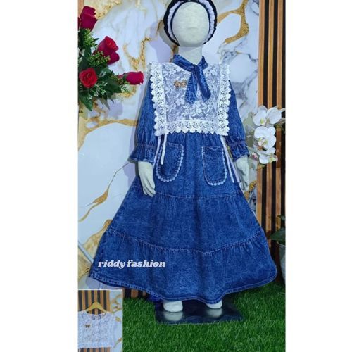 Gamis Jeans Rompi Brukat Anak Perempuan Usia 3 - 12 Tahun / Baju Gamis Raya Full Jeans - Pakaian