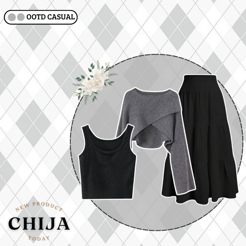 One Set Korean Style Chija { Rajut Silang+ Tanktop+ Rok Susun+ Hijab } Fashion Wanita Kekinian