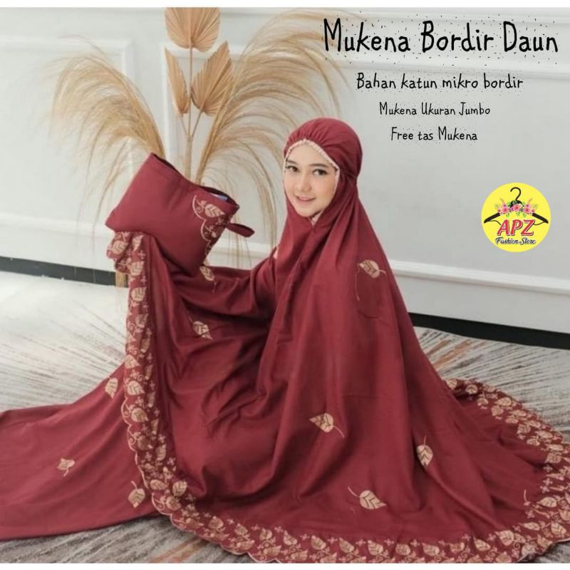 mukena dewasa motif bordir daun