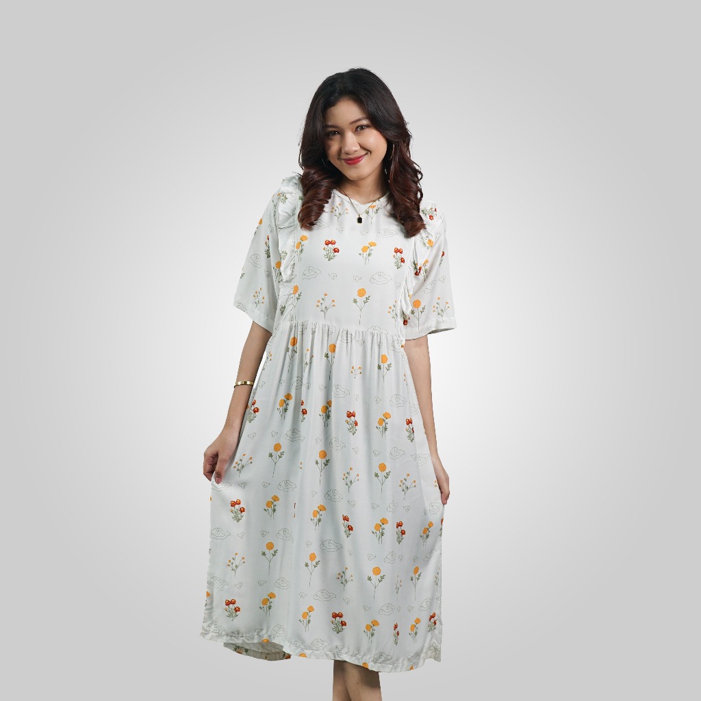 BATIK TRUSMI Atasan Batik Wanita Batik Dress Claire Warna Putih